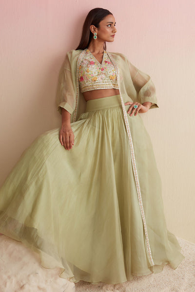 RM-MINT GREEN NET EMBROIDERED BLOUSE WITH PLAIN ORGANZA