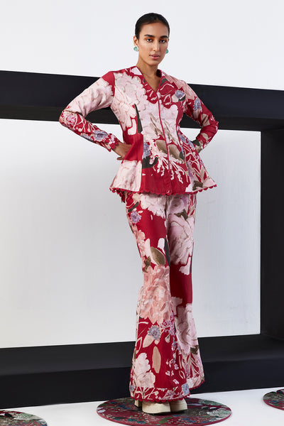 RM-Red Multicoloured printed chanderi peplum  paired with pants 