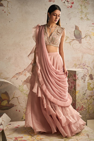 Ridhi-Mehra-Dusky Pink Net Embroidered Blouse With Organza Sharara
