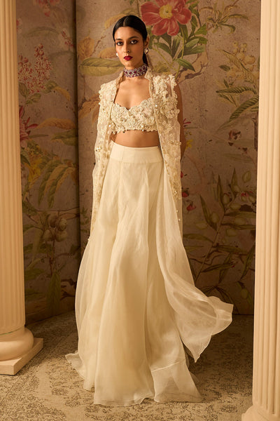 Ridhi-Mehra-Ivory Pearl Embroidered Blouse Paired With Organza Sharara and Embroidered Organza Sleeveless Jacket