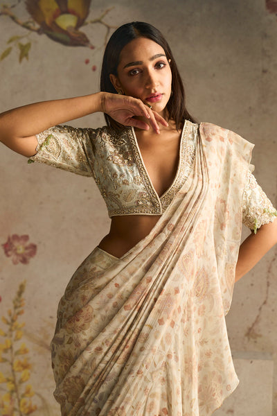 Ridhi-Mehra-Ivory Printed Raw Silk Embroidered Saree