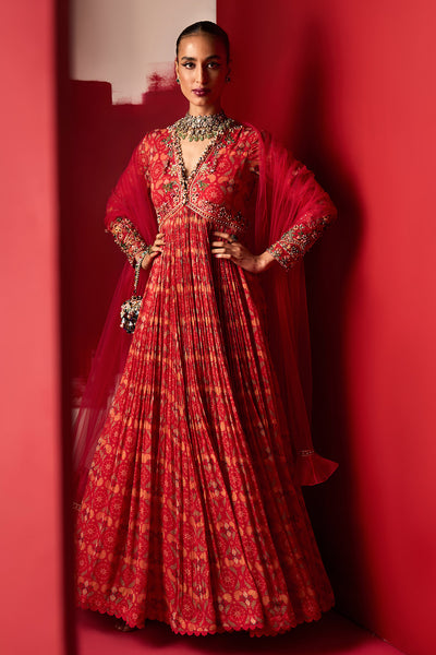 RIDHI-MEHRA---Red Printed Chiffon Embroidered Full Length Anarkali