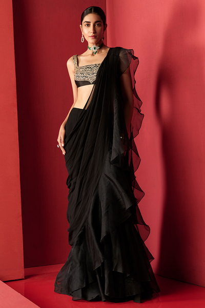 RM-Black embroidered chanderi blouse paired with a draped chiffon and organza saree