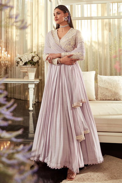RM-Embroidered silk ruched Anarkali paired with net dupatta.