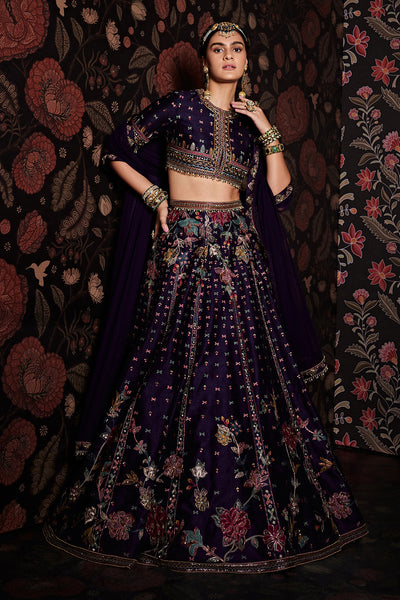 RM-Embroidered raw silk lehenga with embroidered blouse, net dupatta and belt
