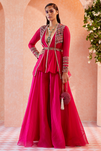 RM-Fuschia Georgette peplum with an organza overlay jacket paired with organza sharara