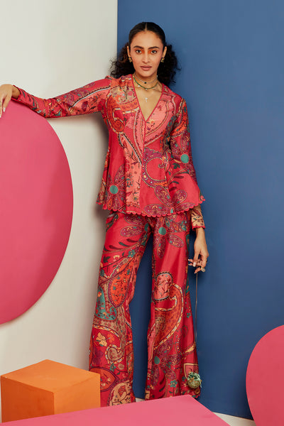 RM-Multicoloured printed Chanderi Peplum top paired with flared pants