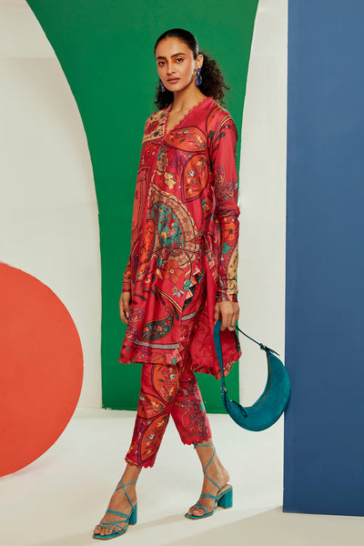 RM-Multicoloured printed chanderi straight long kurta with churi sleeves paired with pants