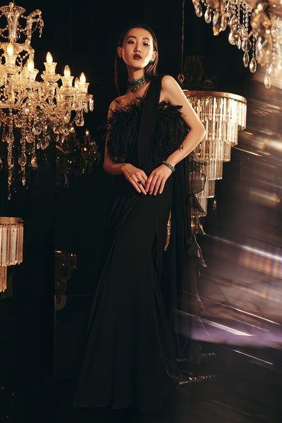 Ridhi-Mehra-Black chiffon draped saree with feather embellished saree gown