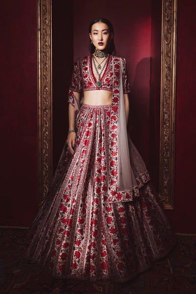 Ridhi-Mehra-Red beige printed raw silk embroidered blouse with plain printed lehenga