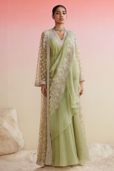 RIDHIMEHRA-MINT EMBROIDERED NET JACKET AND ORGANZA