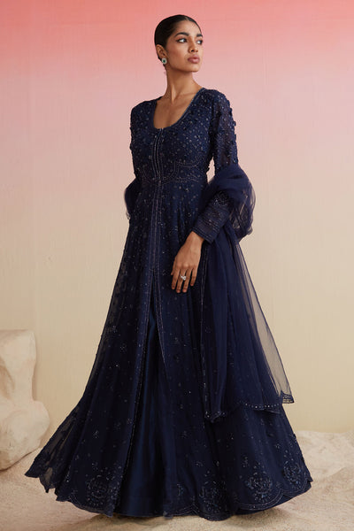 RIDHIMEHRA-NAVY GEORGETTE EMBROIDERED LONG ANARKALI
