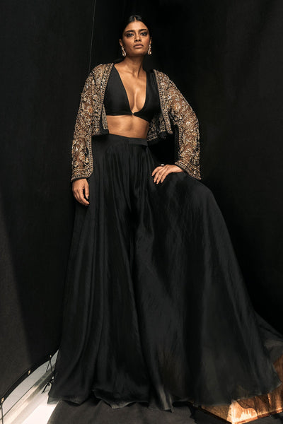 RM-Black Solid Organza Top and Sharara Paired With Black Net Gold Embroidered Jacket and Drape