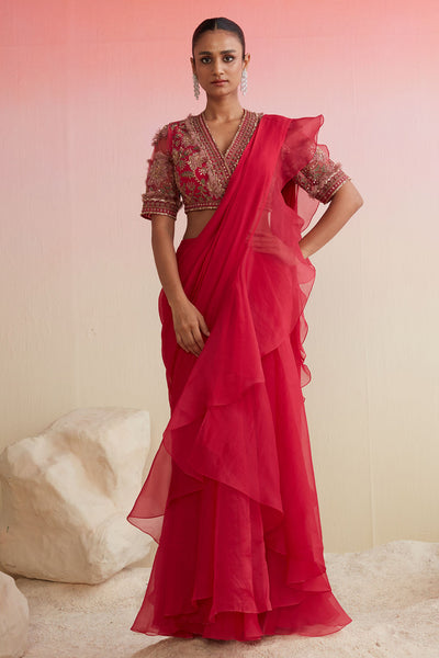 RM-CHEERY RED RAW SILK EMBROIDERED SAREE