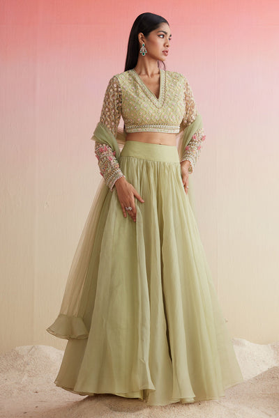 RM-MINT GREEN NET EMBROIDERED BLOUSE PAIRED WITH PLAIN ORGANZA