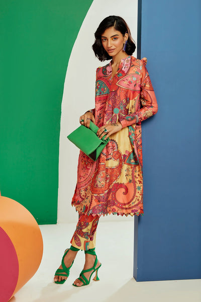 RM-Multicoloured printed chanderi straight long kurta with puff sleeves