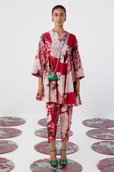 RM-Red Multicolored Print flared short kurta with tulip pants 