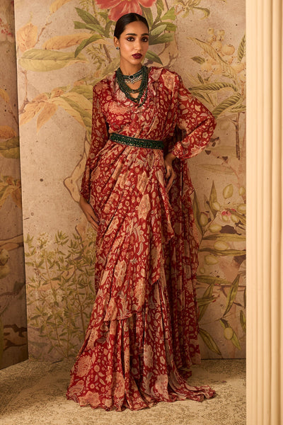 RM-Red Printed Chiffon Overlap Jacket Paired With Printed Chiffon Draped Saree and Jewelled Belt