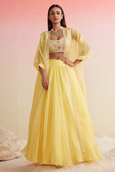 RM-YELLOW NET EMBROIDERED BLOUSE PAIRED WITH PLAIN ORGANZA