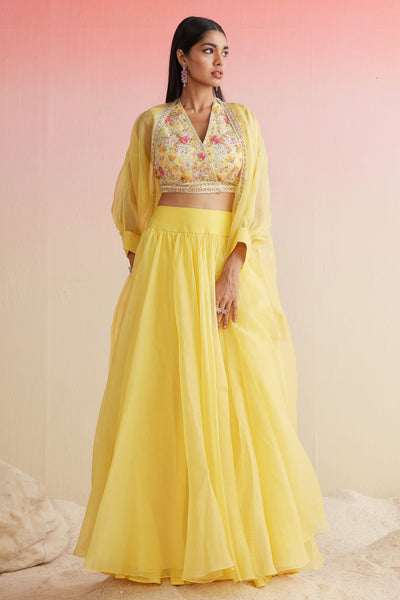 RM-YELLOW NET EMBROIDERED BLOUSE PAIRED WITH PLAIN ORGANZA SKIRT