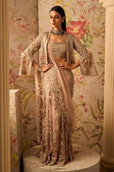 Ridhi-Mehra-Dusky Pink Embroidered Sleeveless Blouse, Skirt, Drape Paired With Short Embroidered Full Sleeves Jacket