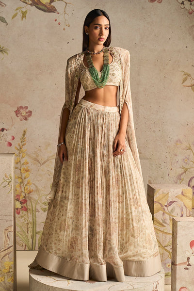 Ridhi-mehra-Ivory Printed Chiffon Embroidered Blouse With Printed Chiffon Skirt and Embroidered Cape