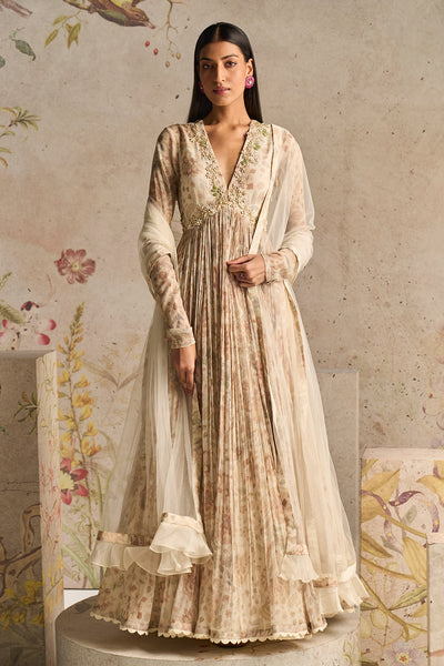 Ridhi-mehra-Ivory Printed Chiffon Long Anarkali Paired With Net Embroidered Dupatta
