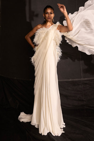 RidhiMehra-Ivory Chiffon Draped Saree Gown With Feather Embellishment