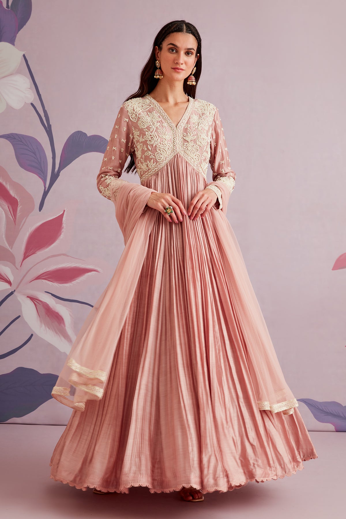 Onion Pink Floral Embellished Tiered Gown  CoutureYard