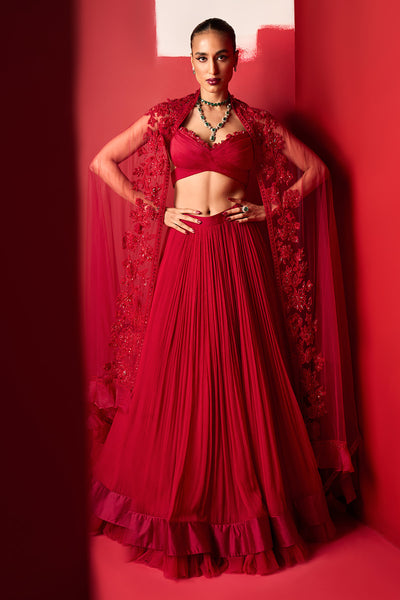 RIDHI-MEHRA---Red Net Monotone Embroidered Organza Draped Blouse Paired With Chiffon Ruching Skirt
