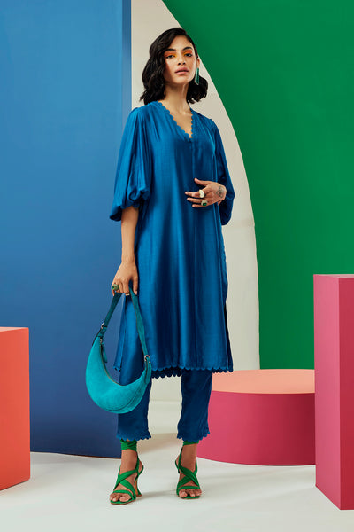 RIDHI-MEHRA-Royal blue silk straight long kurta with exaggerated sleeves paired with pants