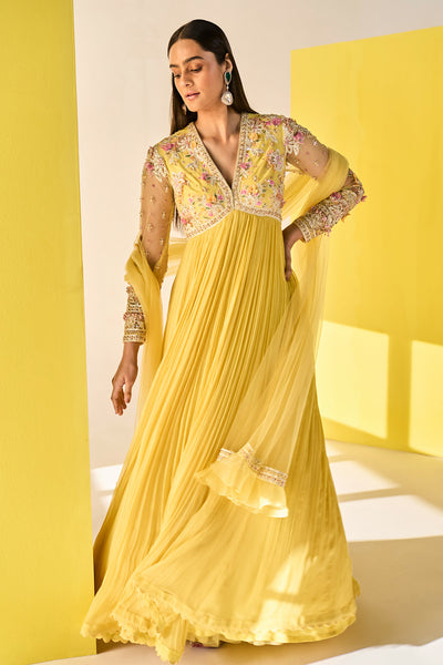 RM--Yellow Chiffon Multi Colored Embroidered Anarkali