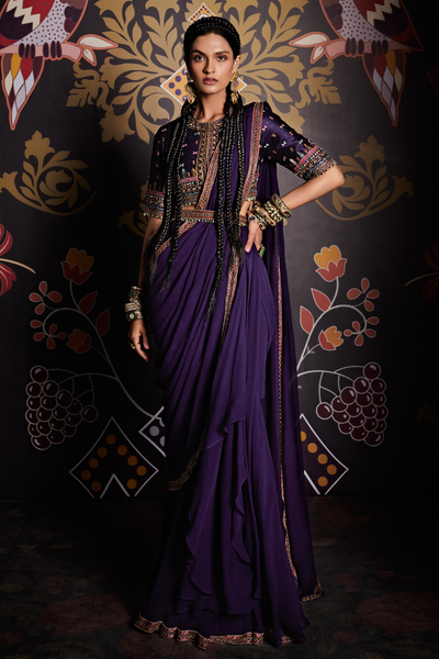 RM-Chiffon draped saree with raw silk embroidered blouse and belt