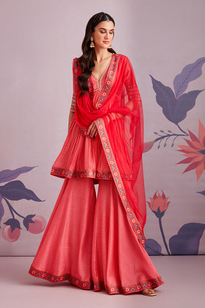 RM-Embroidered printed silk short Anarkali and garara paired with net dupatta