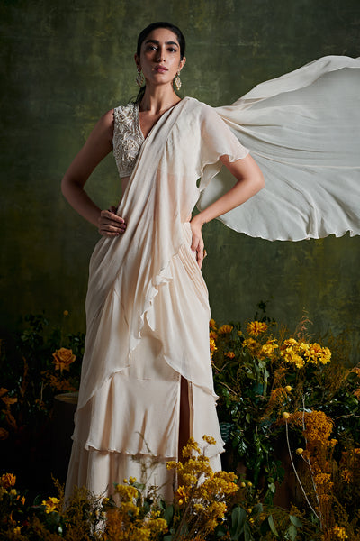 RM-Embroidered blouse with chiffon draped slit saree