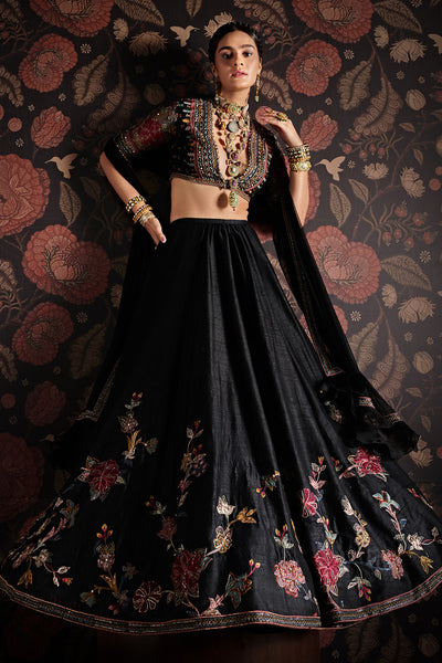 RM-Embroidered net blouse with embroidered raw silk lehenga and net ruffled dupatta