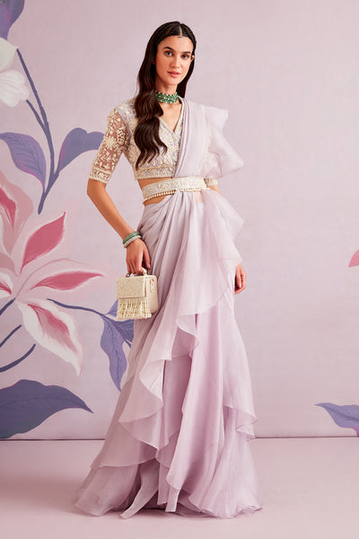 RM-Embroidered net blouse with organza chiffon draped saree