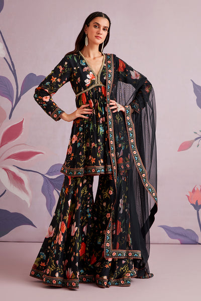 RM-Embroidered printed silk short anarkali and garara paired with net dupatta