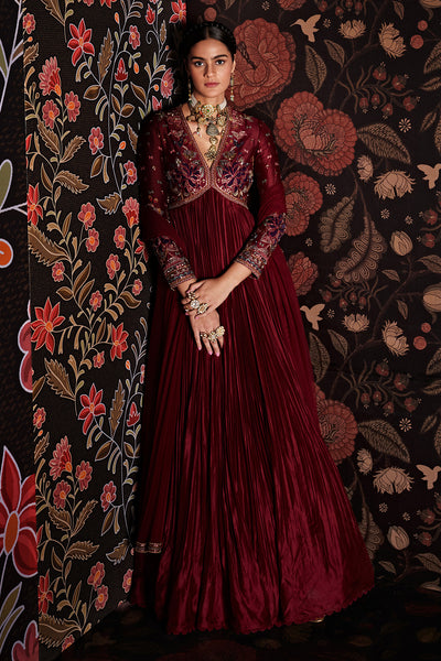 RM-Embroidered silk ruched anarkali paired with net dupatta.