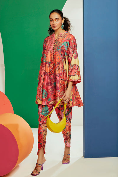 RM-Multicoloured printed chanderi flared short kurta with tulip pants.