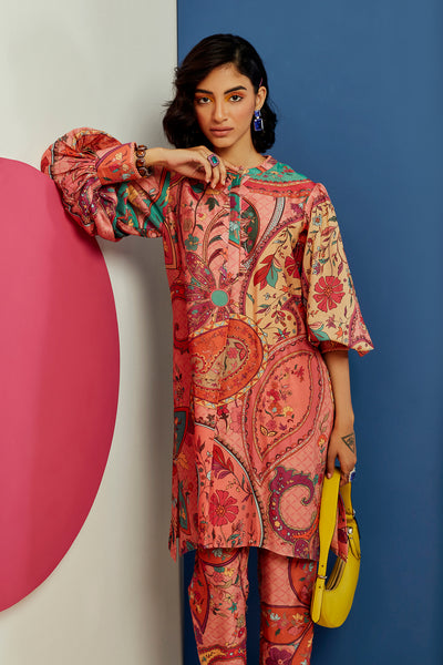 RM-Multicoloured printed chanderi high low kurta paired with chanderi salwar pants