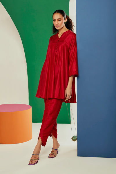 RM-Red silk flared short kurta with tulip pants