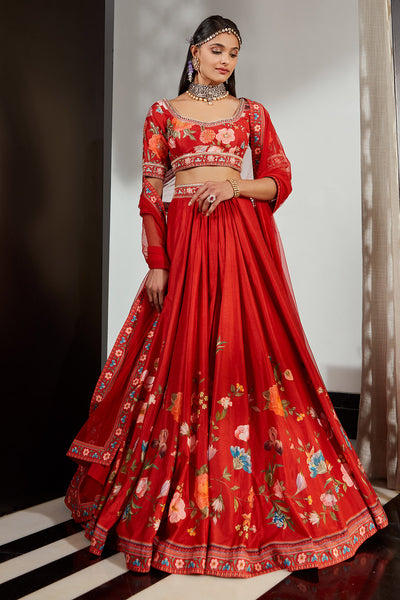 RM-Silk printed embroidered skirt and blouse paired with net dupatta