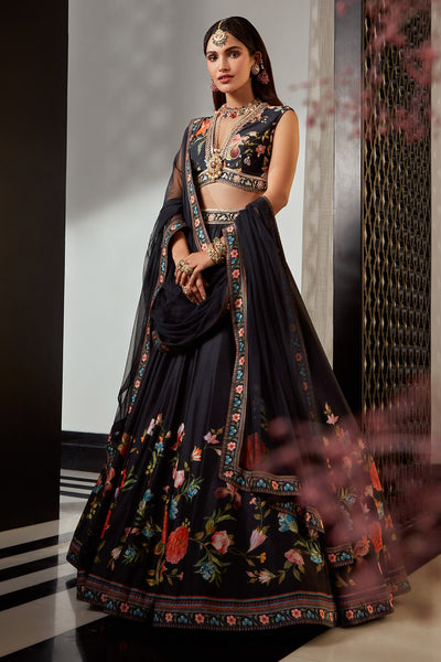 RM-Silk printed embroidered skirt and blouse paired with net dupatta 