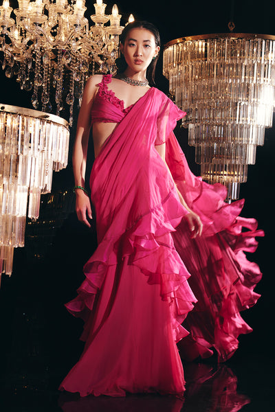 Ridhi-Mehra-Bright fucshia thread embroidered net blouse with Chiffon organza Double draped ruffle saree