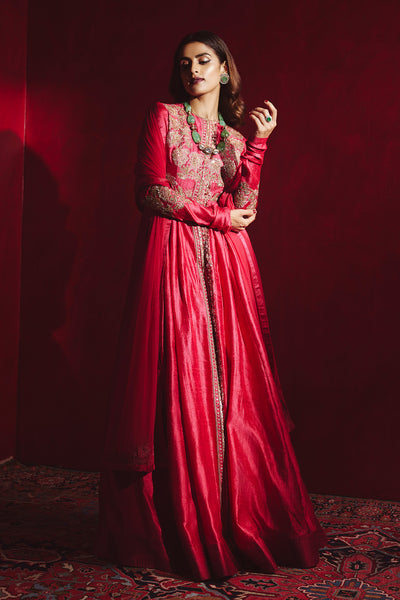Ridhi-Mehra-cherry red raw silk full length embroidered anarakali